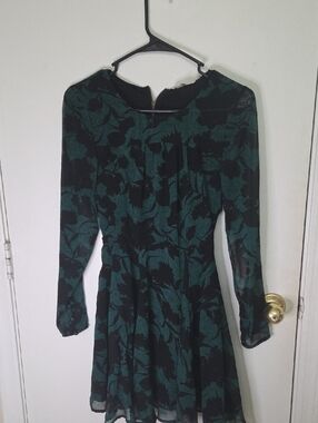 Sugarlips Teal and Black Floral Long-Sleeve Fit & Flare Dress